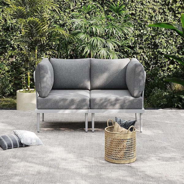 AURA OUTDOOR 2 Piece Metal Outdoor Patio Conversation Set with 2-Corner Sofa, Conversation Chair with Grey Cushions and White Frame