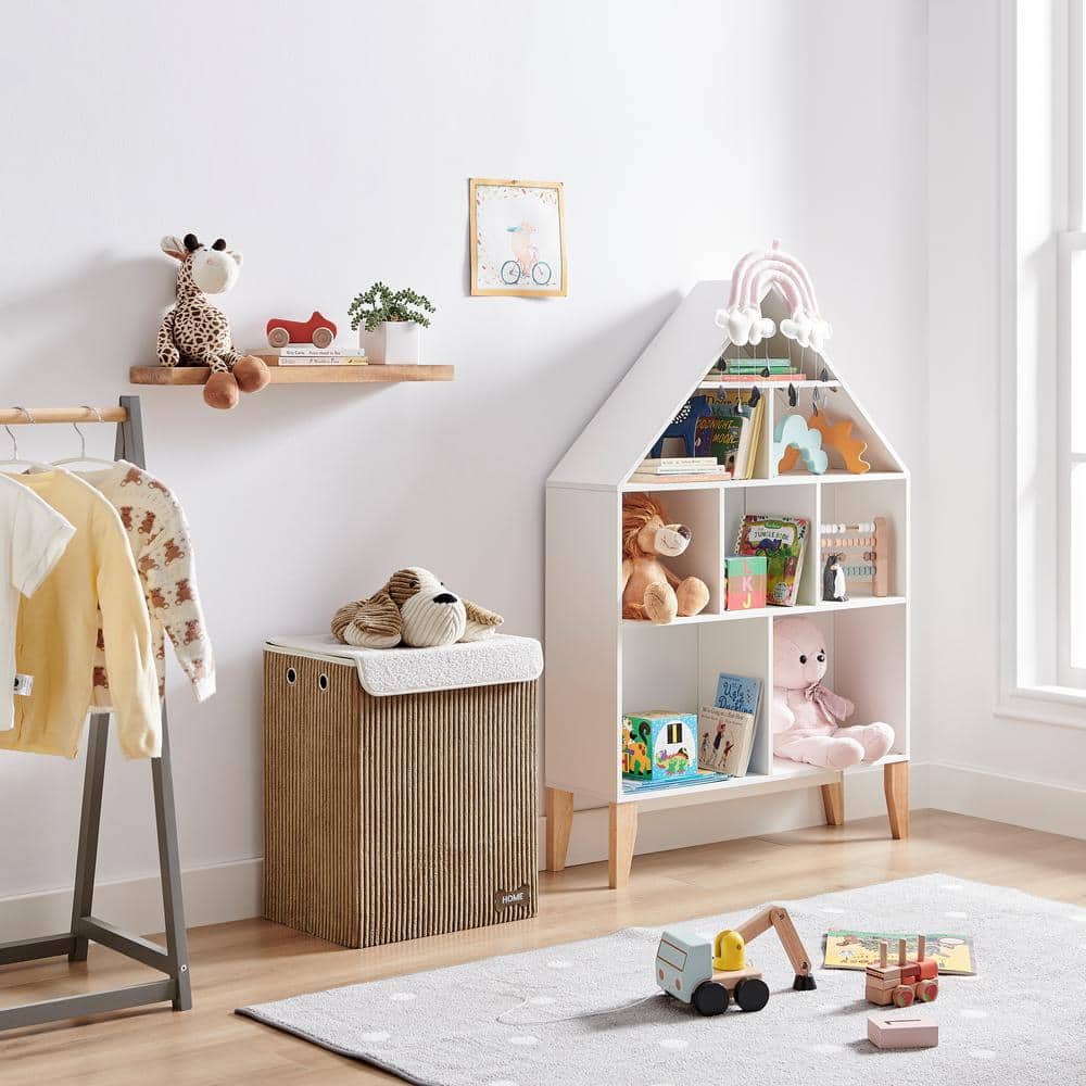Brown Corduroy Collapsible Kids Hamper with Plush Dog Lid