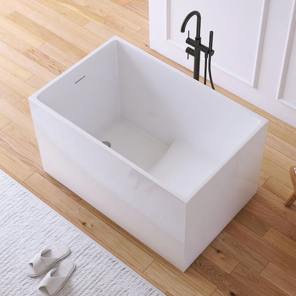 Ivan 43 in. x 28 in. Small Acrylic Flatbottom Freestanding Japanese Soaking Bathtub in White with Seat