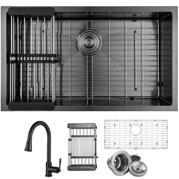 All-in-One 32 in. x 19 in. Undermount Single Bowl Gunmetal Black Stainless Steel Kitchen Sink with Pull-down Faucet
