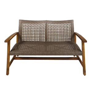 Natural Brown Wicker Outdoor Love Seat with Acacia Wood Finish for Patio, Garden , Backyard