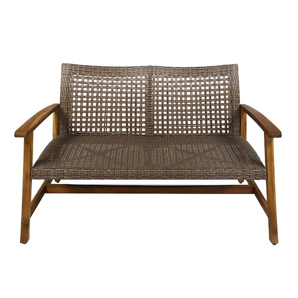 Misopily Natural Brown Wicker Outdoor Love Seat with Acacia Wood Finish for Patio, Garden , Backyard