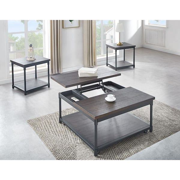 Prescott 36 in. Square Smokey Oak Wood Coffee Table and 2 End Tables
