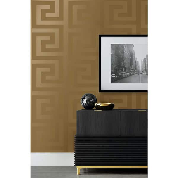 NextWall 31.35 sq. ft. Antique Gold Geometric Maze Vinyl Peel and Stick Wallpaper Roll