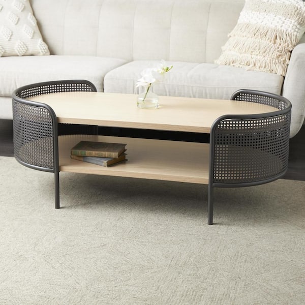 Litton Lane 49 in. Light Brown Medium Oval Wood 1-Shelf Coffee Table with Mesh Side Panels