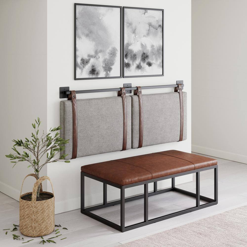 Gray Upholstered King Wall Mount Headboard with Leather Straps