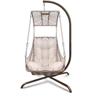 Wicker Rattan Frame Swing Egg Chair with Stand Indoor Outdoor, UV Resistant Beige Cushion Hanging