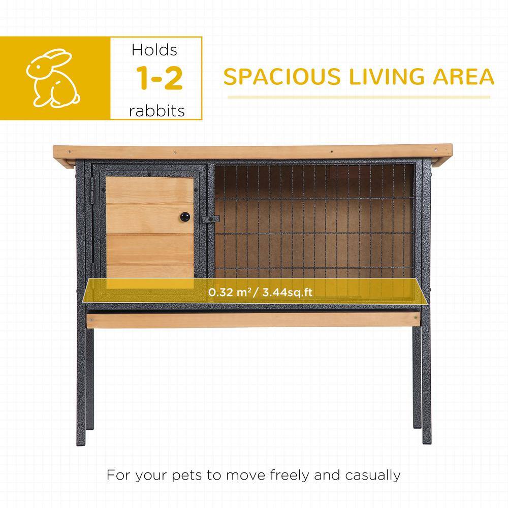 Natural Wood Elevated Rabbit Hutch with Metal Frame and Asphalt Roof