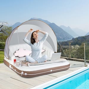 63 in. x 71 in. White PVC Floating Canopy Island Inflatable Pool Float Lounge Raft with Retractable Canopy