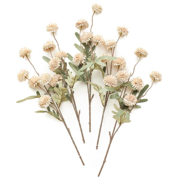 Unbranded 16 in. 5pcs Faux Silk Pompon Mum Artificial Flowers Beige Mini Chrysanthemums with Stems for DIY Wedding Decorations