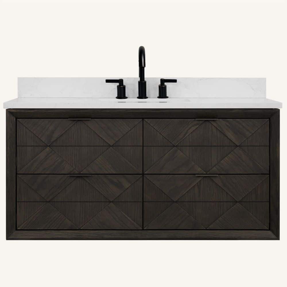 Solid Wood Contemporary 48 in. Wall Mount Brown Oak Bath Vanity with White Artificial Stone Top Assembled price history on PriceWatchPro