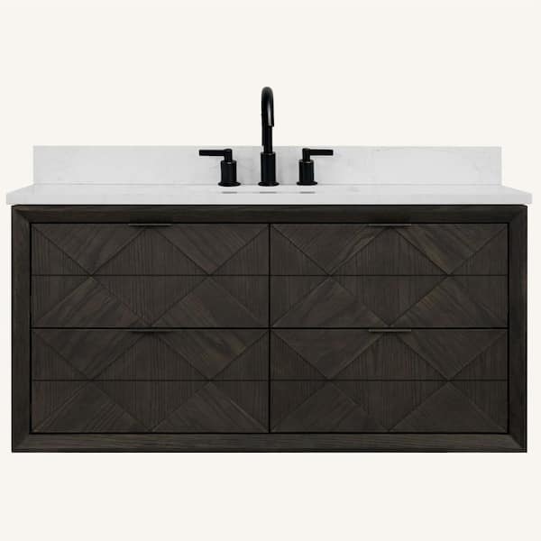 Solid Wood Contemporary 48 in. Wall Mount Brown Oak Bath Vanity with White Artificial Stone Top Assembled