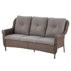 Chrysanthemum Armrest Series 3-Seat Brown Wicker Outdoor Patio Sofa Couch with Gray Cushions