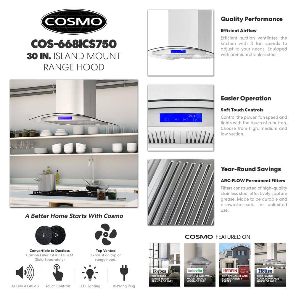 Cosmo 30" Stainless Steel Convertible Island Range Hood with Charcoal Filter