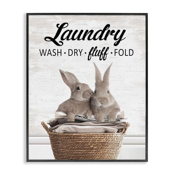 Stupell Industries Bunnies and Laundry Basket by Lettered and Lined Black Framed Typography Giclee Art Print 30 in. x 24 in.