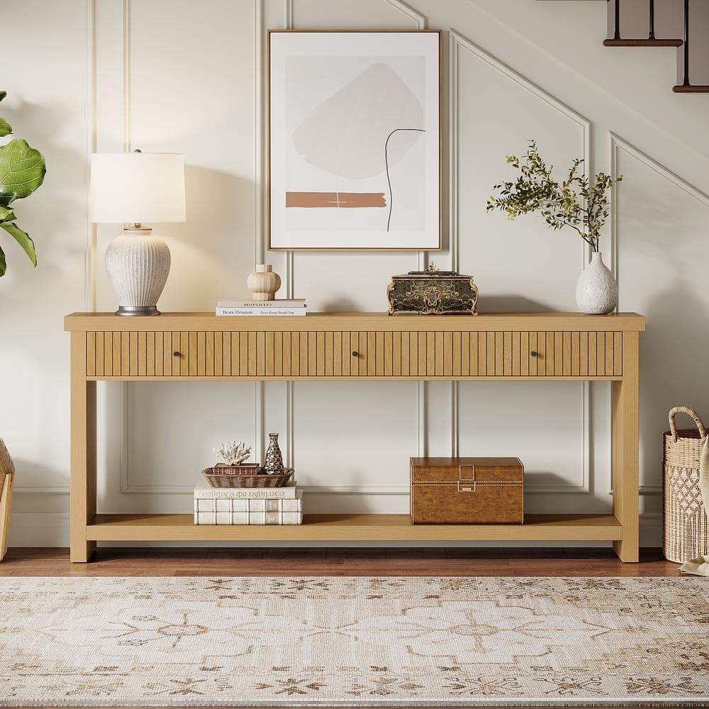 Oak Light Brown 70.9" Console Table with Drawers and Shelves