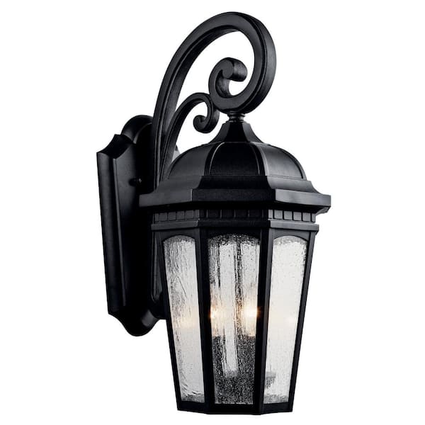 KICHLER Courtyard 22.25 in. 3-Light Textured Black Outdoor Hardwired Wall Lantern Sconce with No Bulbs Included (1-Pack)