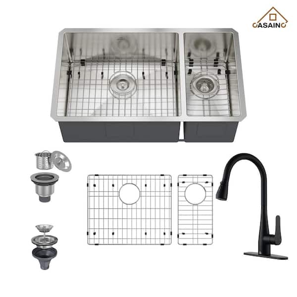 CASAINC 32 in. Undermount Double Bowl 18 Gauge All-in-One Stainless Steel Kitchen Sink with Bottom Grids and Kitchen Faucet