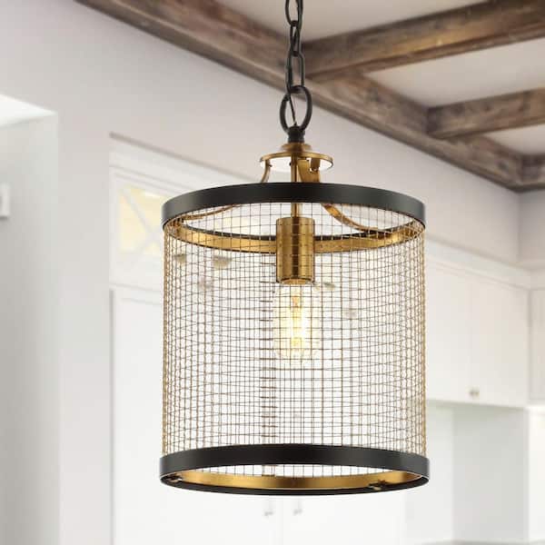 Elena 10 in. 1-Light Black/Brass Gold Lantern Metal LED Pendant