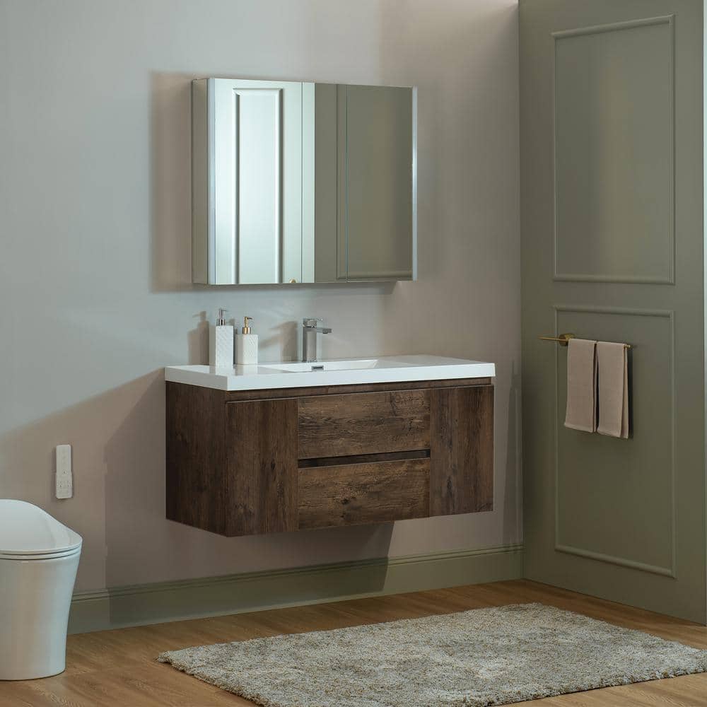 47" Rose Wood Floating Vanity with White Resin Top