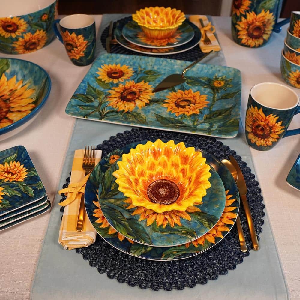 Golden Sunflower Blue Ceramic 20 oz Mug Set