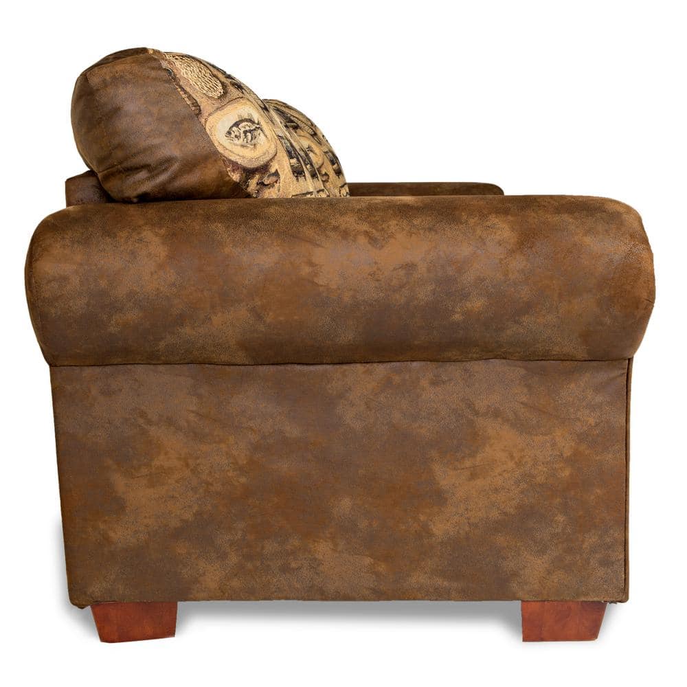 Brown Microfiber and Wood Sofa with Deer Tapestry