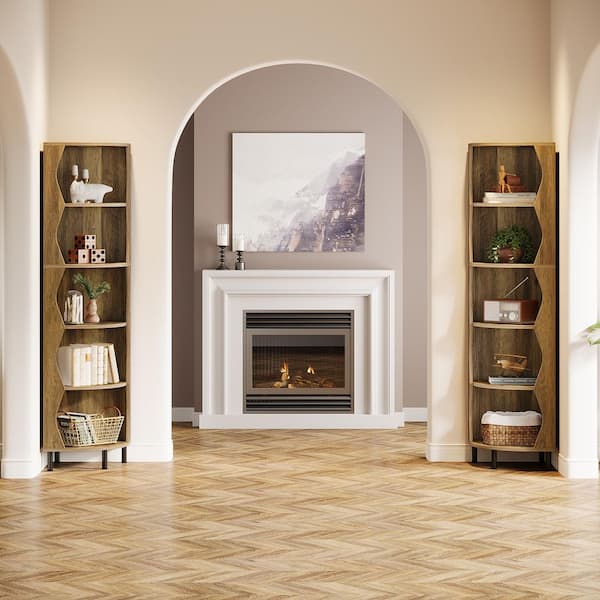 Jannelly 71.5 in. Tall Brown Wood 6-Shelf Corner Bookshelf Set of 2, Stylish Bookcase Display Shelf with Curved Design