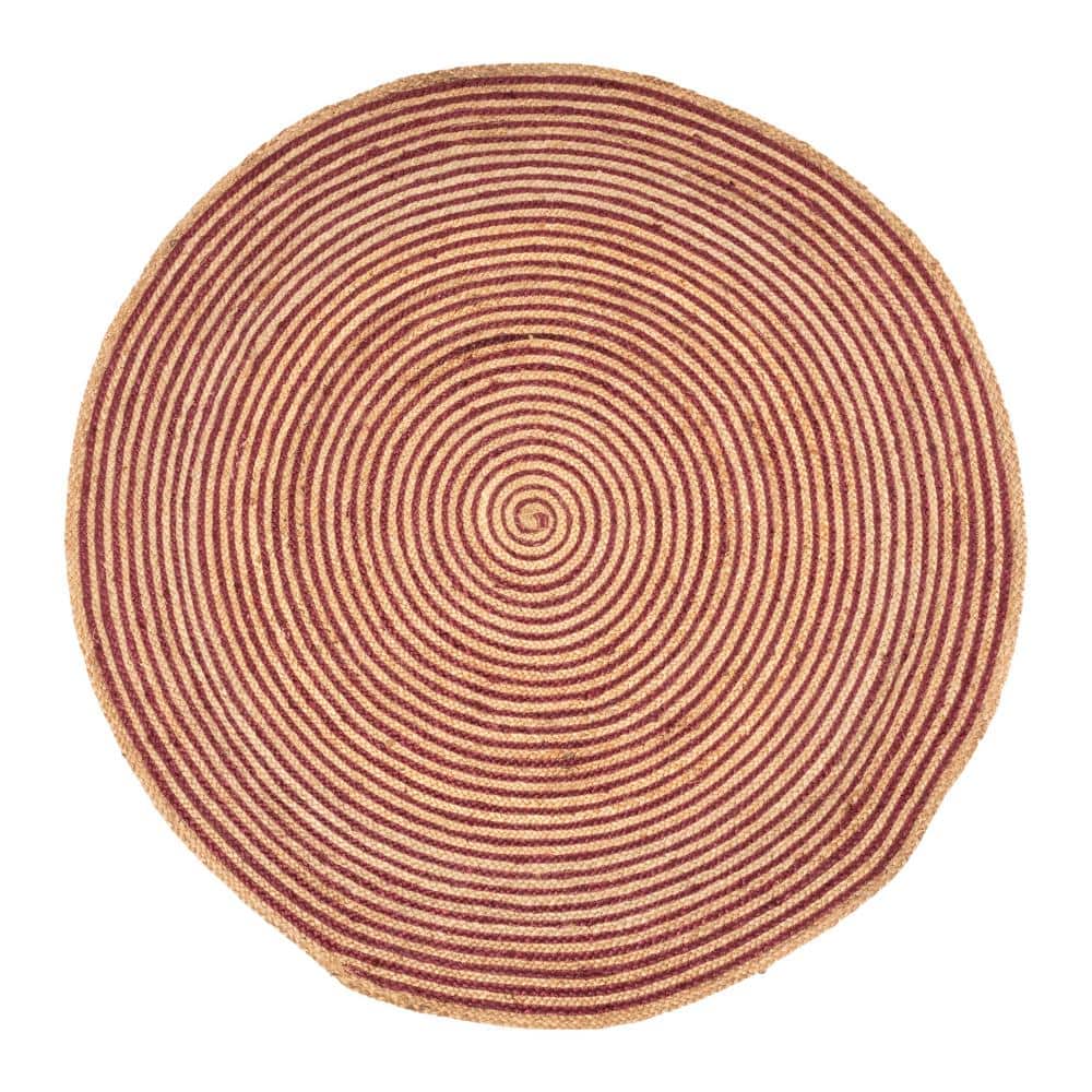 Braided Burgundy and Natural Jute Round Area Rug, 8'