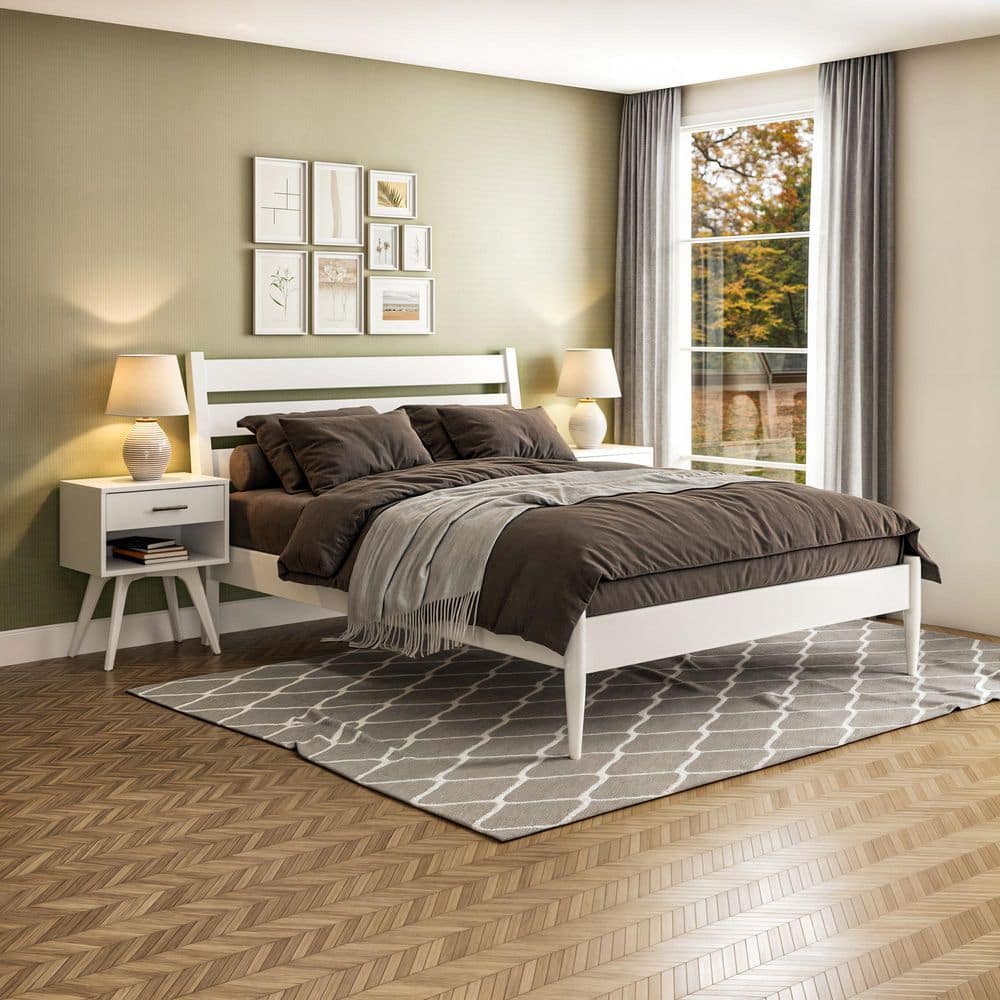 White Pine Wood Queen Platform Bed with Upholstered Headboard