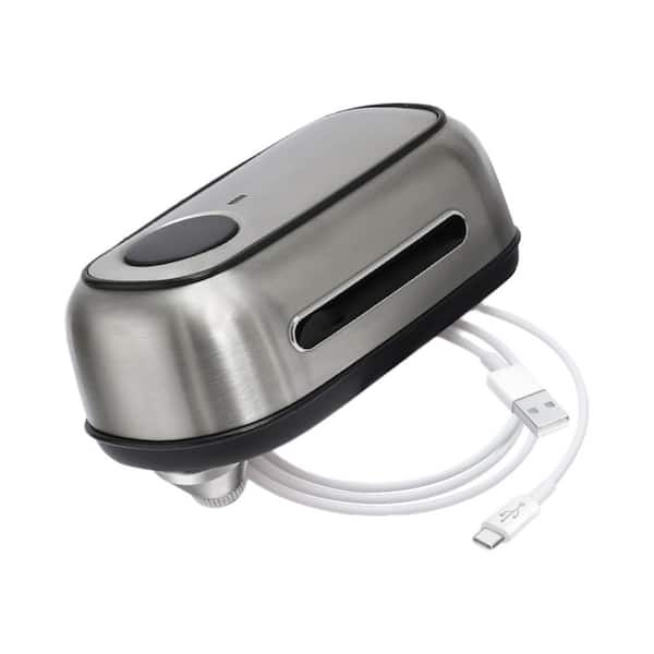 Silver Hands-Free Rechargeable Electric Can Opener with Storage Box, Automatic Stop and Smooth Edge for Large Cans