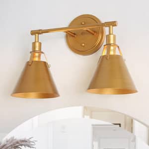 15.5 in. Brushed Vintage Gold Bathroom Vanity Light Modern Industrial 2-Light Classic Bell/Cone Metal Wall Sconce