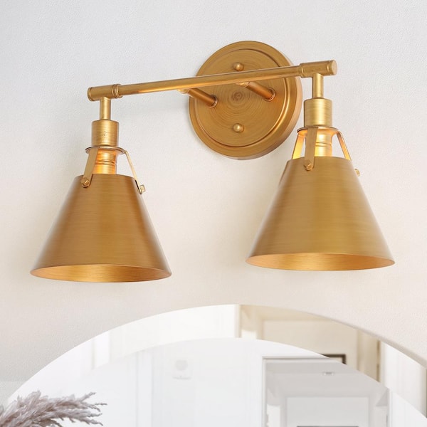 LNC 15.5 in. Brushed Vintage Gold Bathroom Vanity Light Modern Industrial 2-Light Classic Bell/Cone Metal Wall Sconce