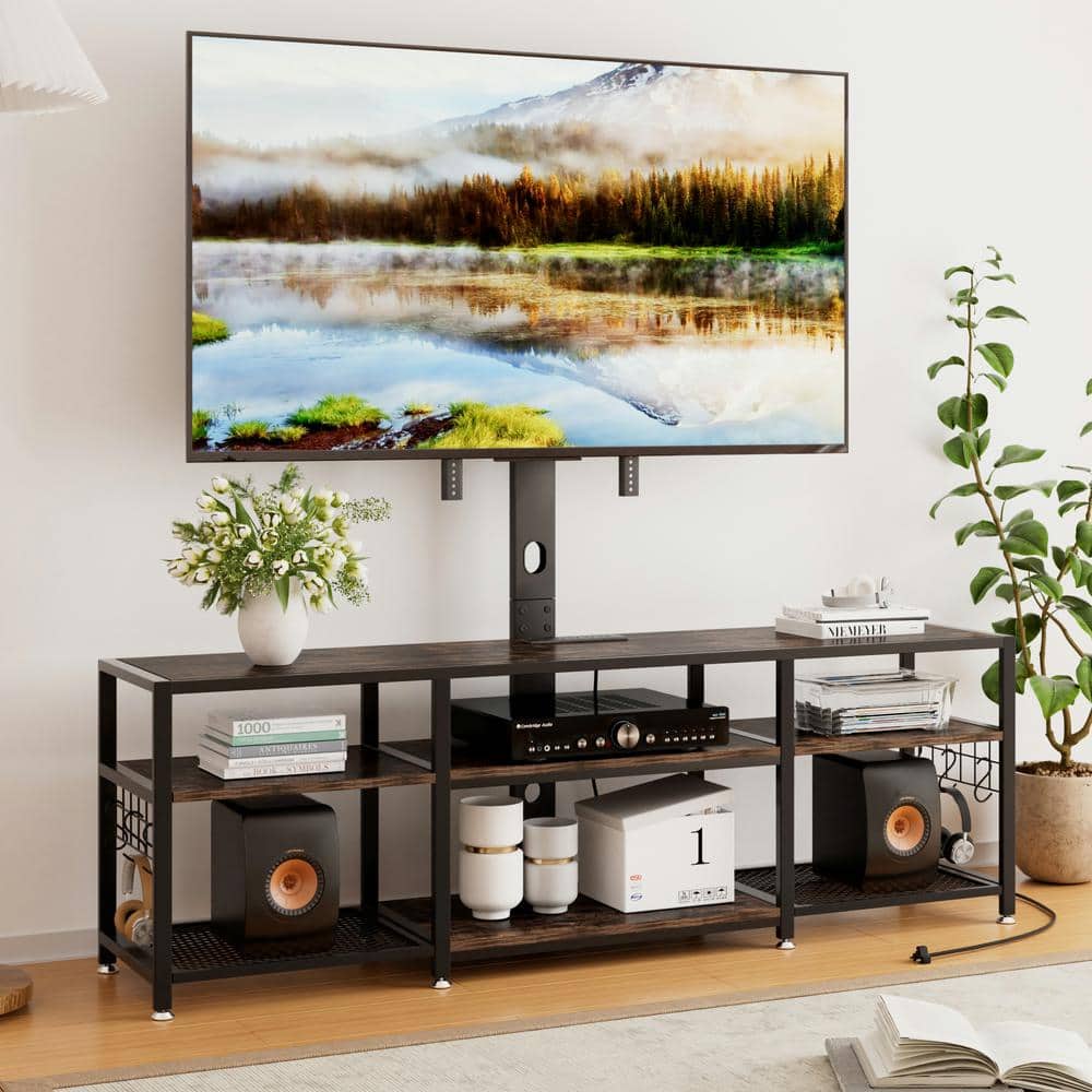 VECELO TV Stand with Adjustable TV Mount, Industrial Wood