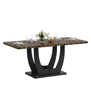 Halsey 63 in. Modern Brown Faux Marble Wood Pedestal Dining Table Rectangular Dinner Kitchen Table for 4 to 6