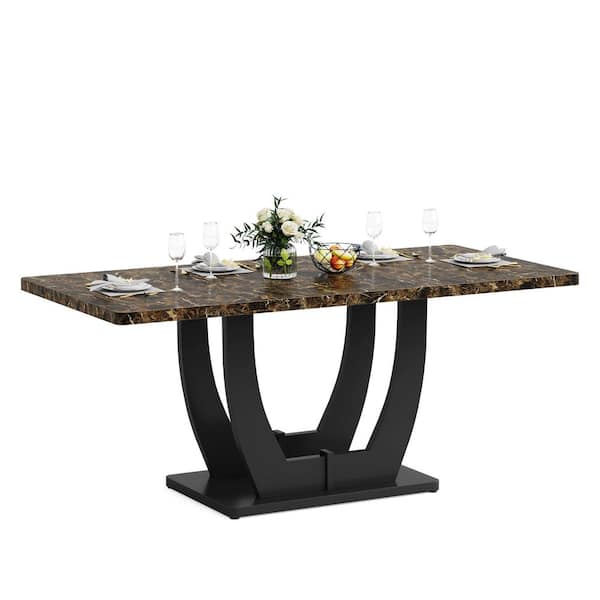 TRIBESIGNS WAY TO ORIGIN Halsey 63 in. Modern Brown Faux Marble Wood Pedestal Dining Table Rectangular Dinner Kitchen Table for 4 to 6