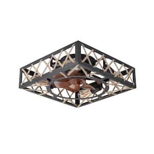 17.7 in. Indoor Black Lighting Ceiling Fan Flush Mount Square with Rope Decor
