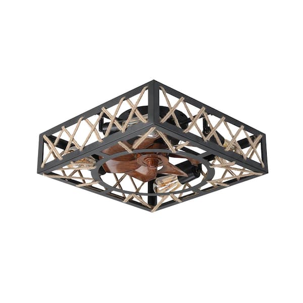PUDO 17.7 in. Indoor Black Lighting Ceiling Fan Flush Mount Square with Rope Decor