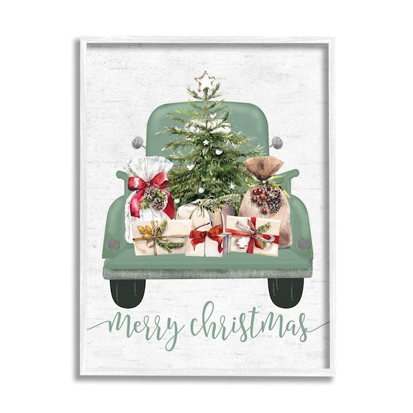 Stupell Industries Merry Christmas Truck by Lettered and Lined 1-Piece Framed Graphic Print Travel Poster Art Print 14 in. x 11 in.