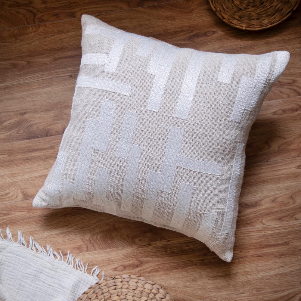 Ivory Cotton Blend Embroidered Square Throw Pillow 20" x 20"