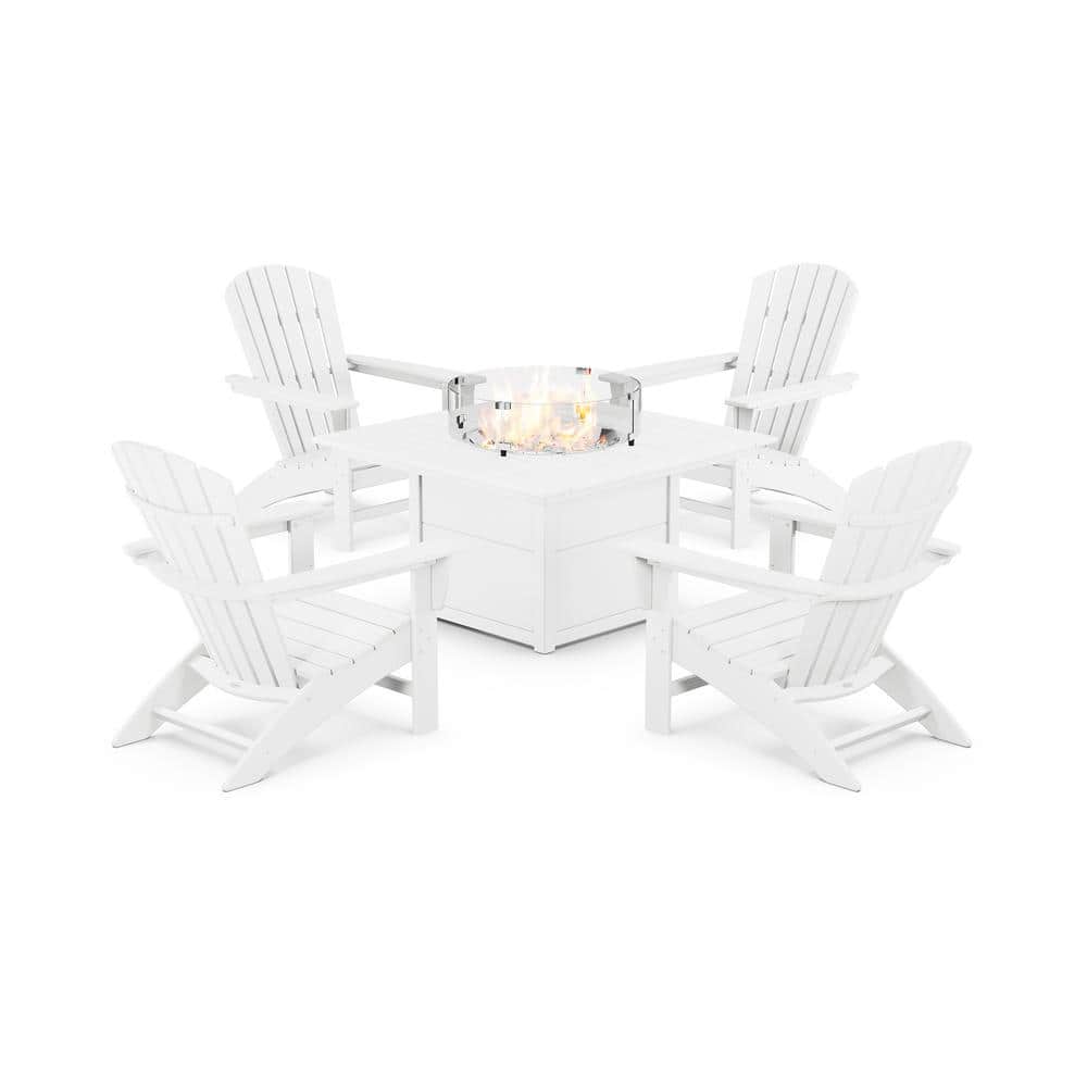 POLYWOOD Grant Park 5-Piece Plastic Patio Adirondack Conversation Set with Fire Pit Table -  PWS542-1-WH