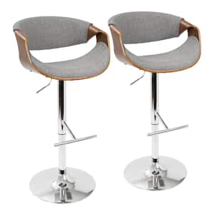 Curvo 43 in. Adjustable Bar Stool in Light Grey Fabric and Chrome with Walnut Wood (Set of 2)