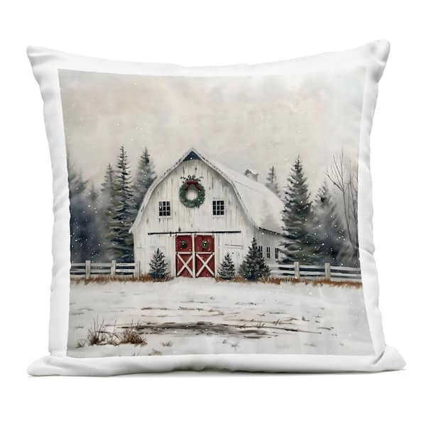White Christmas Barn with Wreath Off-White Square Outdoor Throw Pillow