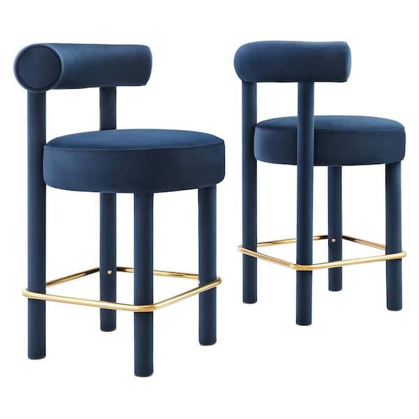 MODWAY Toulouse 26 in. in Midnight Blue Gold Wood Performance Velvet Counter Stool - Set of 2