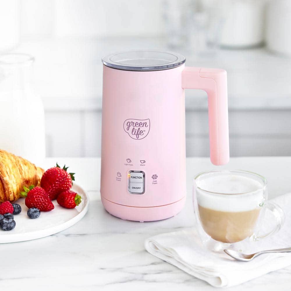 Pink Ceramic Electric Milk Frother with 4-in-1 Functionality