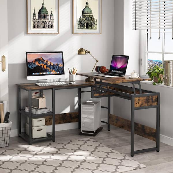 L-shaped Wooden Computer Desk with Top Shelf-Office Desk-Gray 