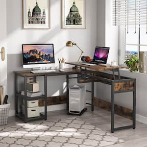Lantz 59 in. L Shaped Rustic Brown Wood and Metal Computer Standing Desk with Lift Top and Storage Shelves