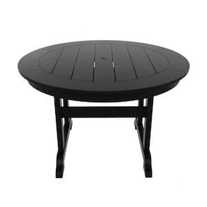 Hayes 47 in. All Weather HDPE Plastic Round Outdoor Dining Trestle Table with Umbrella Hole in Black