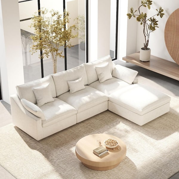 119 in. Square Arm Linen 4-Piece Oversized L-Shaped Cloud Modular Sectional Sofa with Ottoman, Washable Covers in. White