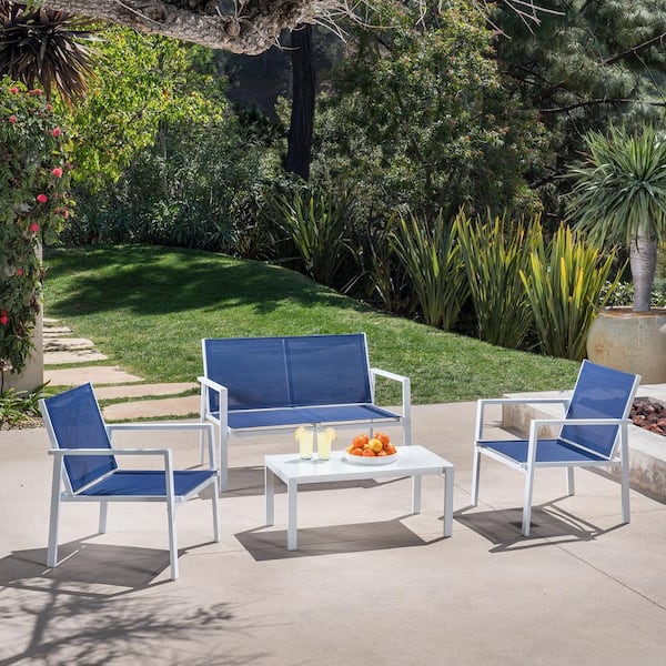 Hanover Naples 4-Piece Aluminum Patio Conversation Set in Navy Blue