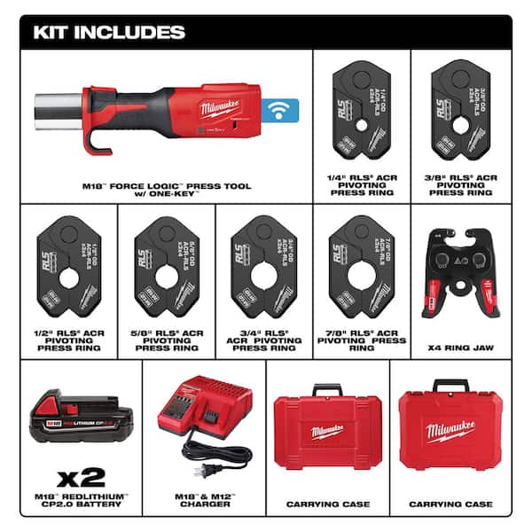 M18 18-Volt Lithium-Ion Brushless FORCE LOGIC Press Tool with 1/4 in. - 7/8 in. RLS ACR Pivoting Press Ring Kit